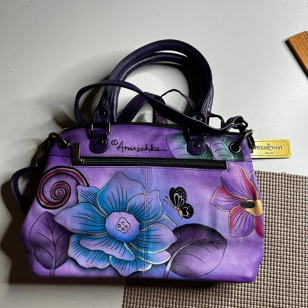 Anuschka Hand Painted Leather Satchel Purple Floral Butterfly Crossbody Bag